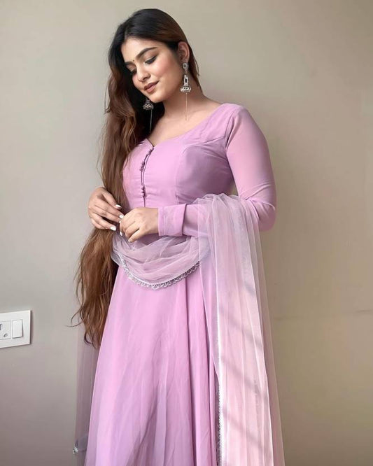 Solid Georgette Stitched Flared/A-line Gown (Pink)