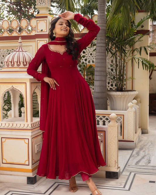 DESIGNER GEORGETTE SEQUENCE STONE WORK GOWN BOTTOM WITH DUPATTA MAROON