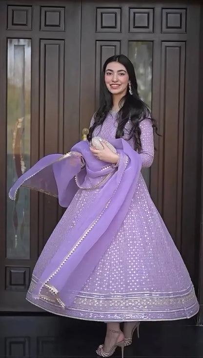 Lavender Anarkali Gown in Georgette With Sequence Embroidery and Dupatta