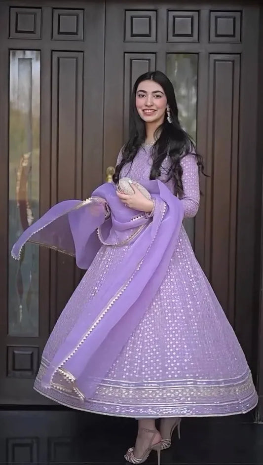 Lavender Anarkali Gown in Georgette With Sequence Embroidery and Dupatta