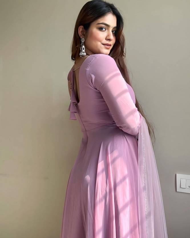 Solid Georgette Stitched Flared/A-line Gown  (Pink)