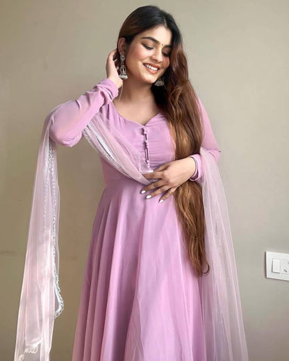 Solid Georgette Stitched Flared/A-line Gown  (Pink)