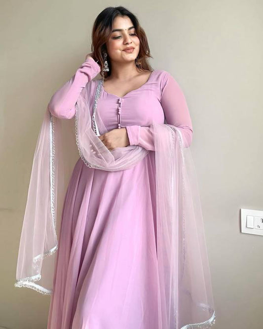 Solid Georgette Stitched Flared/A-line Gown  (Pink)