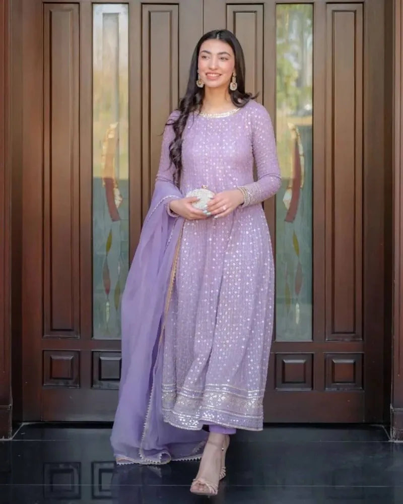 Lavender Anarkali Gown in Georgette With Sequence Embroidery and Dupatta