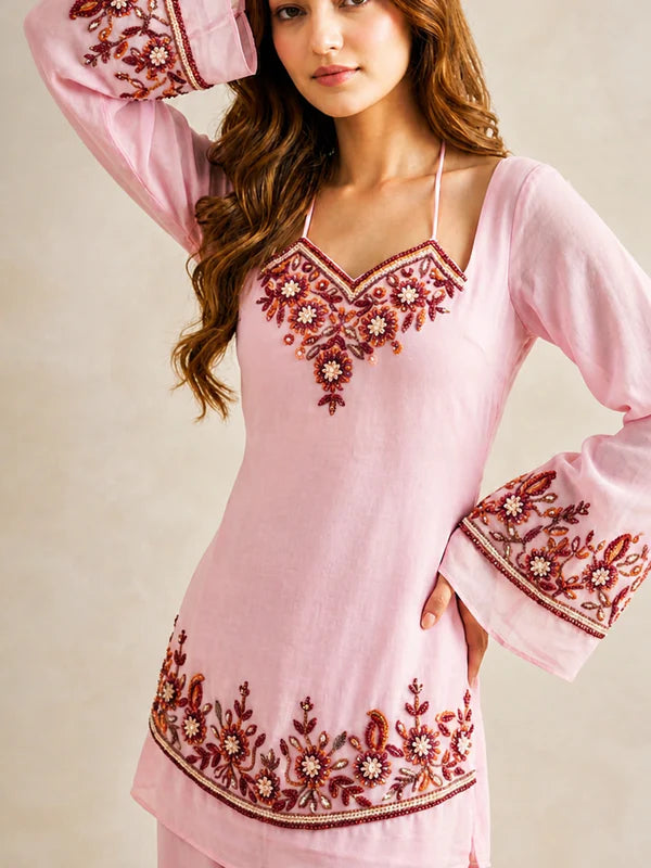 A Rose Petal Embroidered Kurta Set