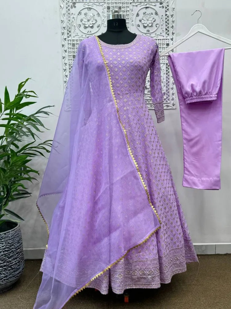 Lavender Anarkali Gown in Georgette With Sequence Embroidery and Dupatta