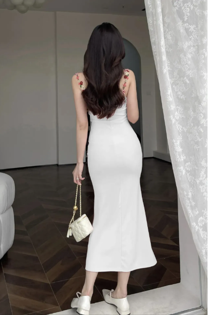 White Floral Neckline Maxi Dress