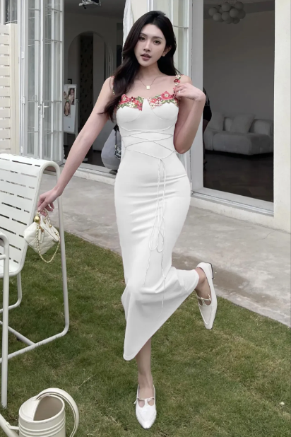 White Floral Neckline Maxi Dress