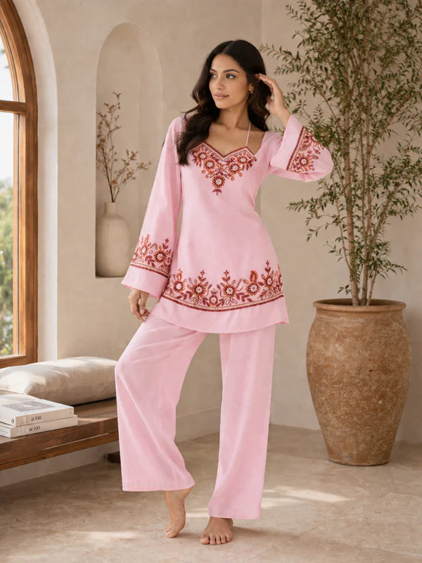 A Rose Petal Embroidered Kurta Set
