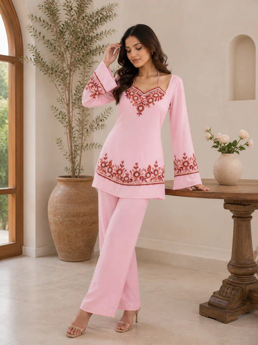 A Rose Petal Embroidered Kurta Set