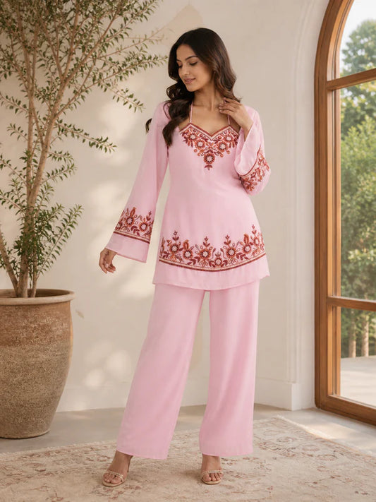 A Rose Petal Embroidered Kurta Set