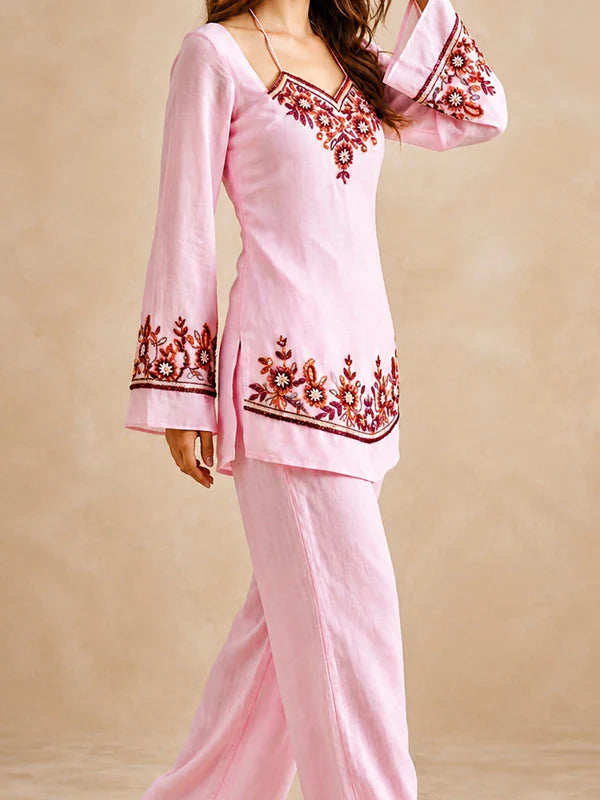 A Rose Petal Embroidered Kurta Set