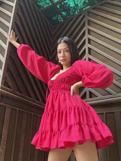 Tie Up Neck Based Puff Sleeve Gathered Tiered Georgette Fit & Flare Dress (limited time offer)