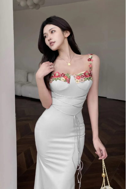 White Floral Neckline Maxi Dress