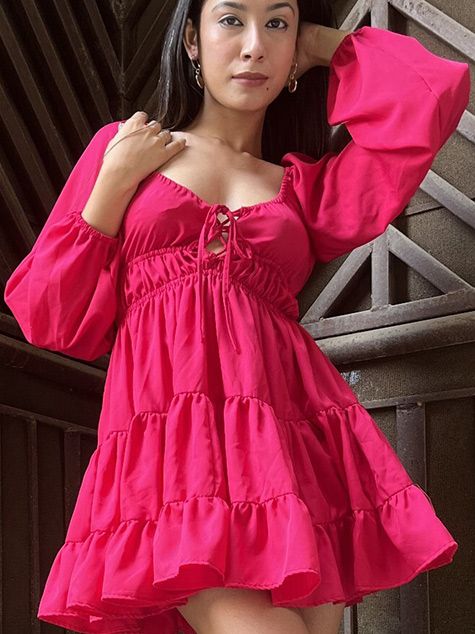 Tie Up Neck Based Puff Sleeve Gathered Tiered Georgette Fit & Flare Dress (limited time offer)
