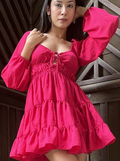 Tie Up Neck Based Puff Sleeve Gathered Tiered Georgette Fit & Flare Dress (limited time offer)
