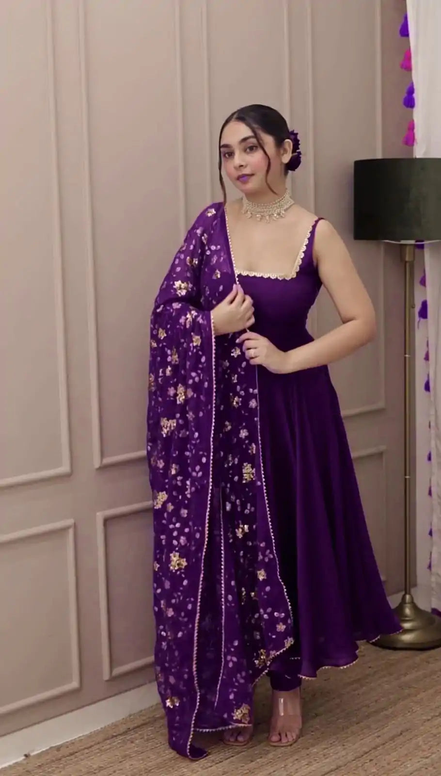 Heavy Faux Georgette With Fully Flair Set (multi-color)