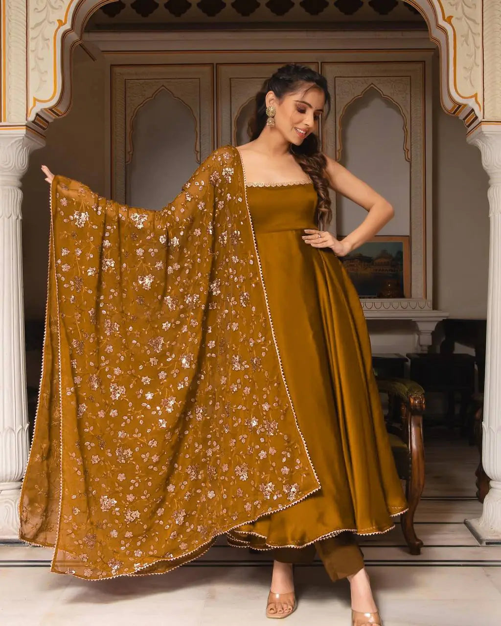 Heavy Faux Georgette With Fully Flair Set (multi-color)